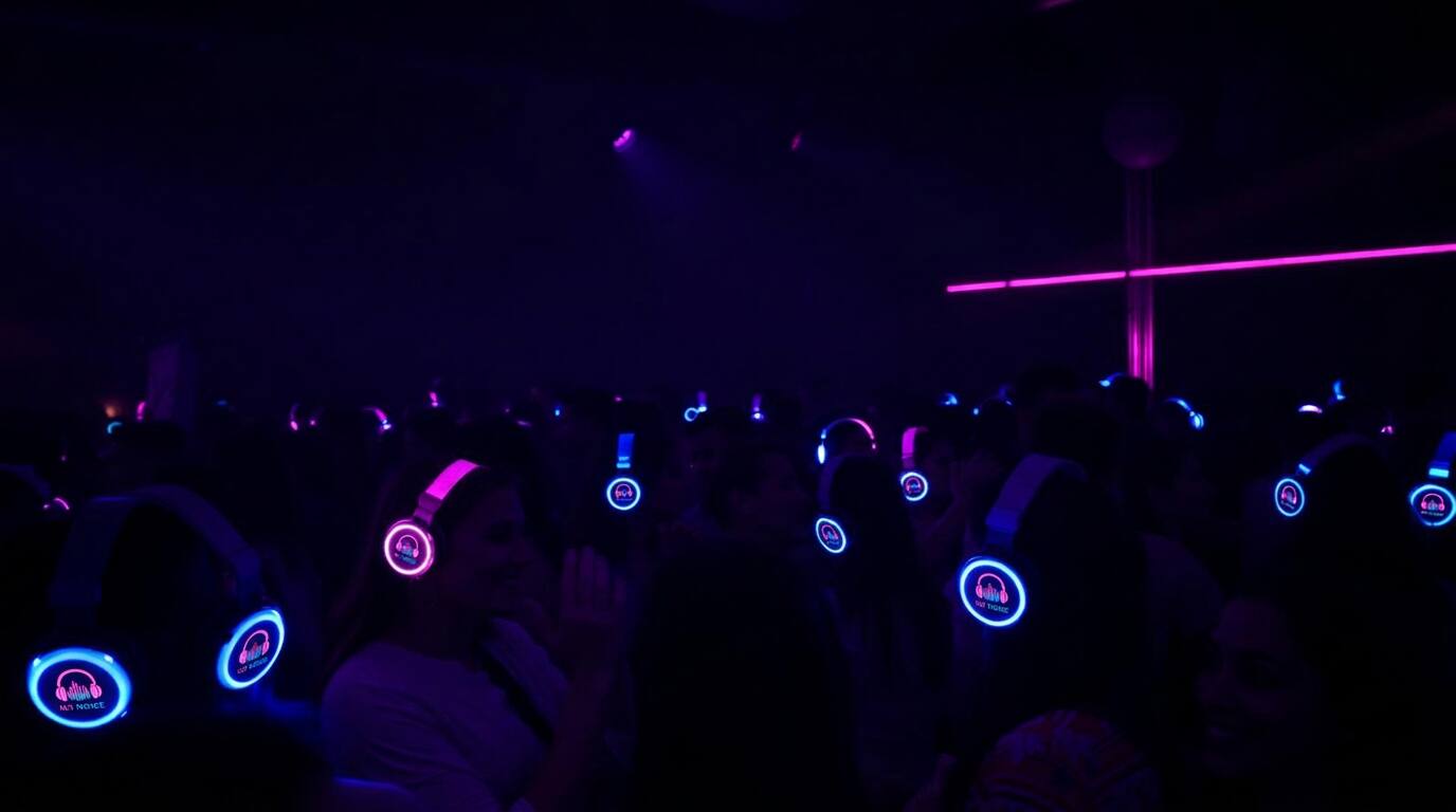 Silent Disco Hire in Devon — guests wearing LED headphones on the dancefloor